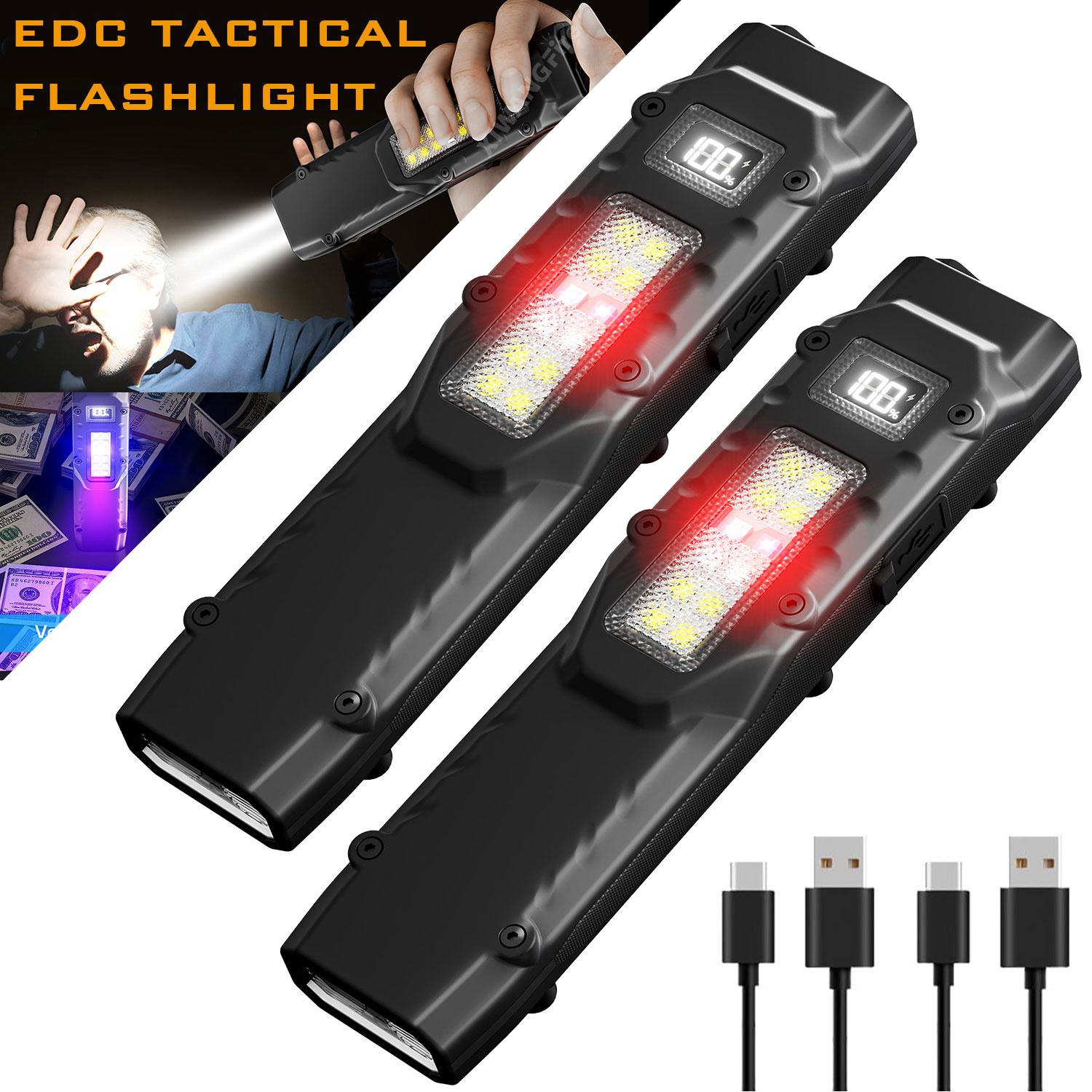Outdoor Lighting Black - EDC Tactical Flashlight,1500 Lumen Flat Flashlights